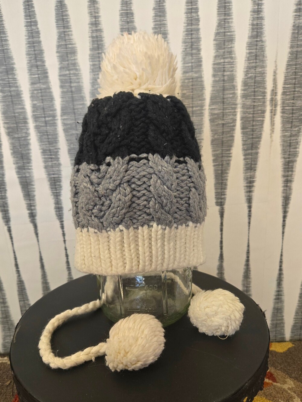 Knit Pom Pom Beanie in Cream, Gray & Black